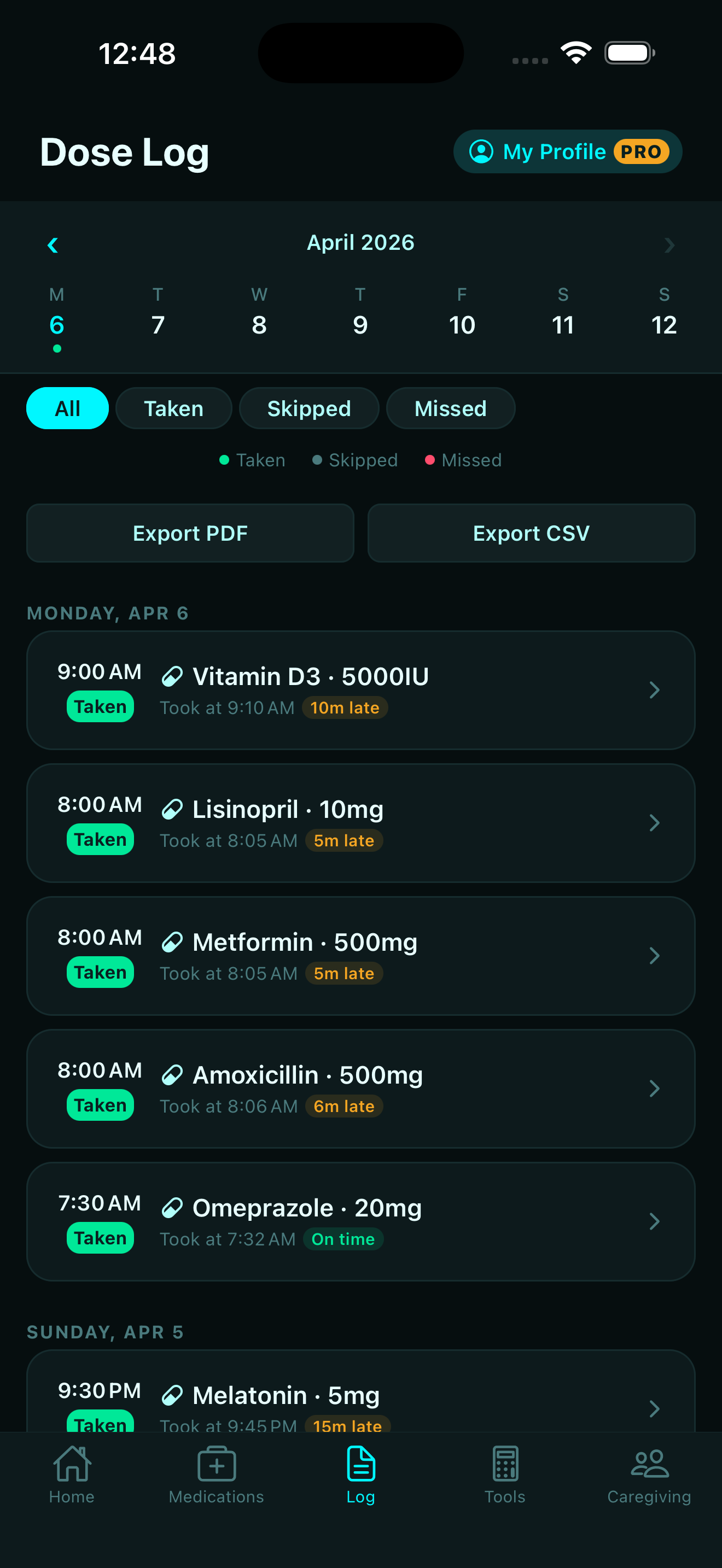 Dose Log — history and tracking